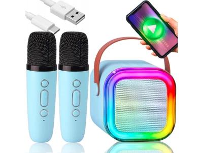 KIK KX3377 Karaoke Bluetooth reproduktor 6 W, 2x bezdrátový mikrofon, modrý