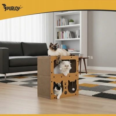 Purlov 27017 Škrabadlo pro kočky dvoupatrový dům 3 v 1, hnědé