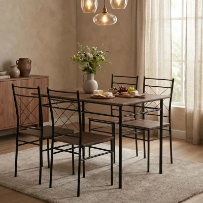 ModernHome Jídelní sestava Verona stůl + 4 židle, MDF + ocel, tmavé dřevo