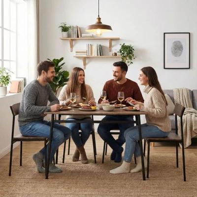 ModernHome Jídelní sestava Malmo stůl + 4 židle, MDF + ocel, tmavé dřevo
