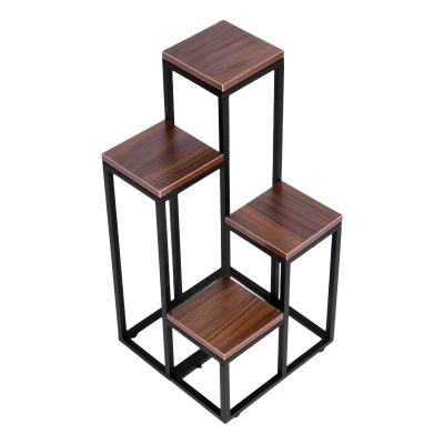 ModernHome PJJPS0011 Stojan na kvety, 4 police, kov + MDF, tmavý orech