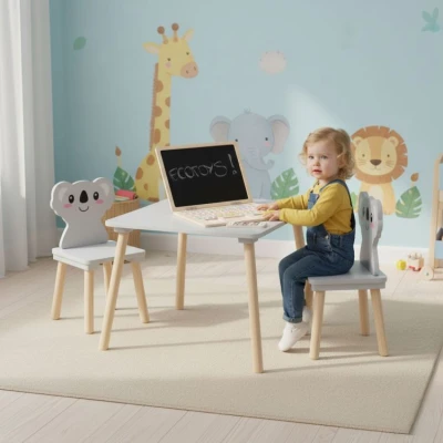 EcoToys 6163 Detský drevený stôl so stoličkami Koala, sivý