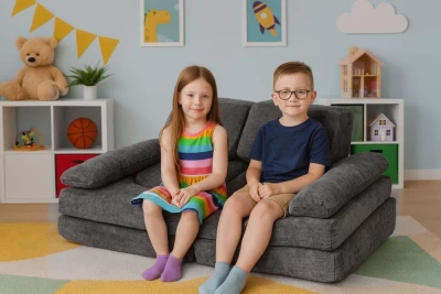 EcoToys TMSRT-17-GY Modulární skládací pohovka pro děti, 2 místná,10 polštářů, šedá
