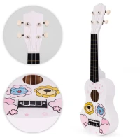EcoToys MF019G Dětská dřevěná kytara se 4 nylonovými strunami a trsátkem, bílá