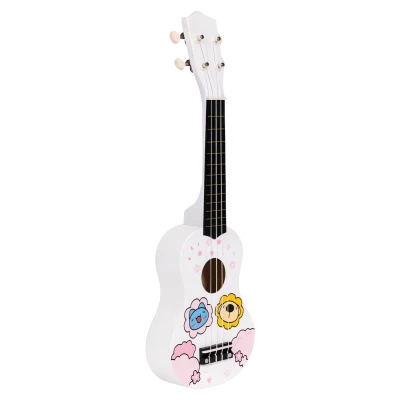 EcoToys MF019G Dětská dřevěná kytara se 4 nylonovými strunami a trsátkem, bílá
