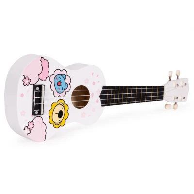 EcoToys MF019G Dětská dřevěná kytara se 4 nylonovými strunami a trsátkem, bílá