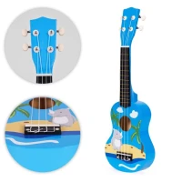 EcoToys MF019H Detská drevená gitara s 4 nylonovými strunami a trsátkom, modrá