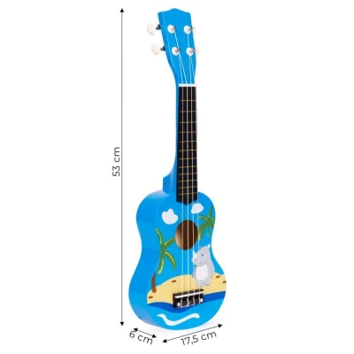 EcoToys MF019H Detská drevená gitara s 4 nylonovými strunami a trsátkom, modrá