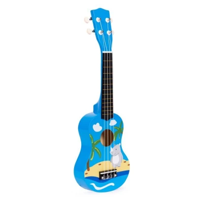 EcoToys MF019H Detská drevená gitara s 4 nylonovými strunami a trsátkom, modrá