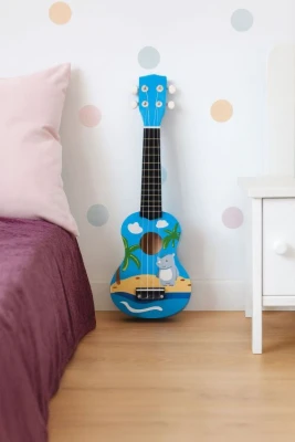 EcoToys MF019H Detská drevená gitara s 4 nylonovými strunami a trsátkom, modrá