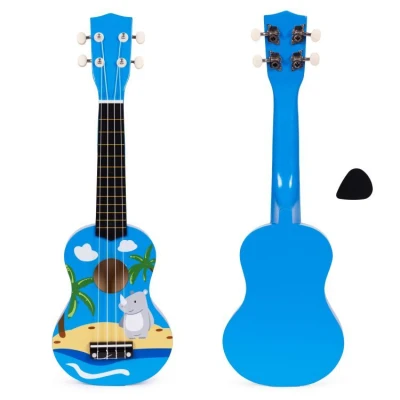 EcoToys MF019H Detská drevená gitara s 4 nylonovými strunami a trsátkom, modrá