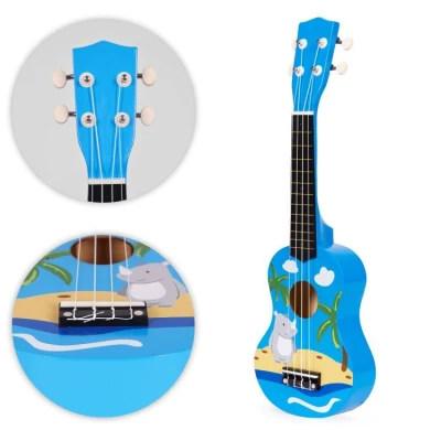EcoToys MF019H Detská drevená gitara s 4 nylonovými strunami a trsátkom, modrá