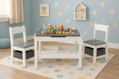 EcoToys ZKC-1A Detský nábytkový set, stôl + 2 stoličky s úložnými boxmi a obojstrannou doskou