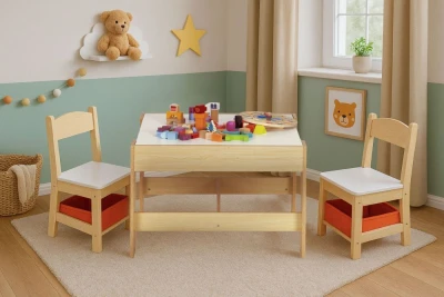 EcoToys ZKC-1C Detský nábytkový set, stôl + 2 stoličky s úložnými boxmi a tabuľou