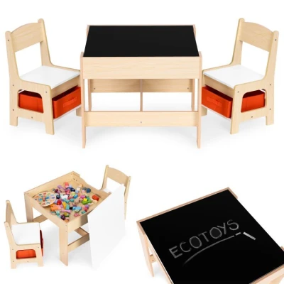 EcoToys ZKC-1C Detský nábytkový set, stôl + 2 stoličky s úložnými boxmi a tabuľou