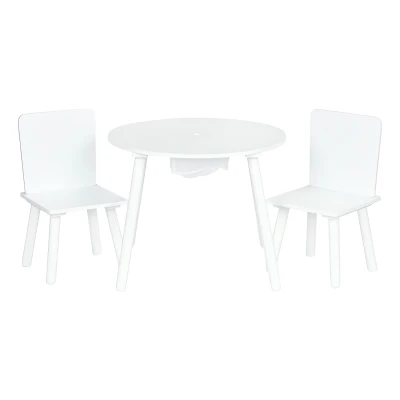 EcoToys WH135 Dětská sada nábytku, kulatý stolek + 2 židle, otvor na hračky, bílá