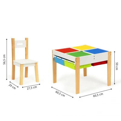EcoToys XKF002 Detský nábytok, stôl + 2 stoličky, s doskou na hranie s stavebnicou