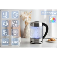 Berdsen BD-714 Sklenená rýchlovarná kanvica s reguláciou teploty, 1,7 l, 2200 W