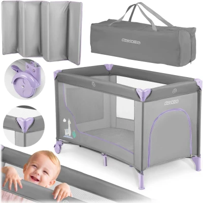 Ricokids RK-240 Cestovní postýlka + matrace a taška, 125 × 65 × 78 cm, šedo-levandulová