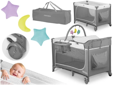 Ricokids RK-241 Cestovná detská postieľka + matrac + taška 125×65×78 cm, sivá