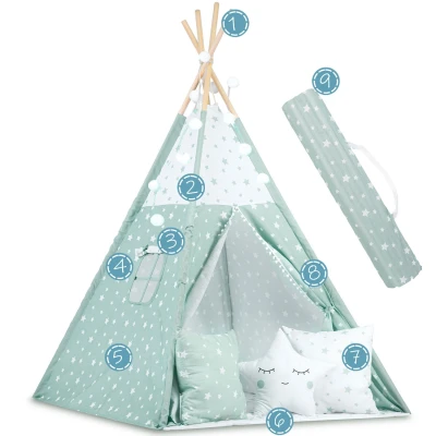 Nukido 740024 Dětské teepee se světýlky - mátové s hvězdičkami