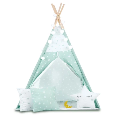 Nukido 740024 Dětské teepee se světýlky - mátové s hvězdičkami