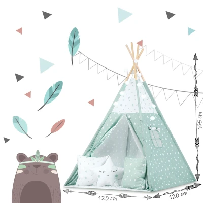 Nukido 740024 Dětské teepee se světýlky - mátové s hvězdičkami
