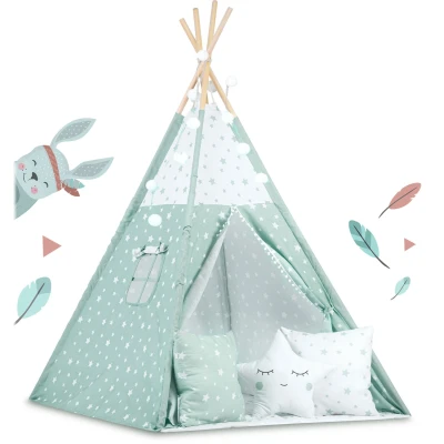 Nukido 740024 Dětské teepee se světýlky - mátové s hvězdičkami