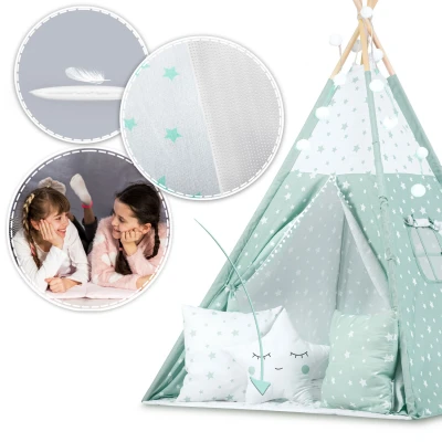 Nukido 740024 Dětské teepee se světýlky - mátové s hvězdičkami