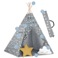 Nukido 740120 Detské teepee so svetielkami - sivé s hviezdičkami