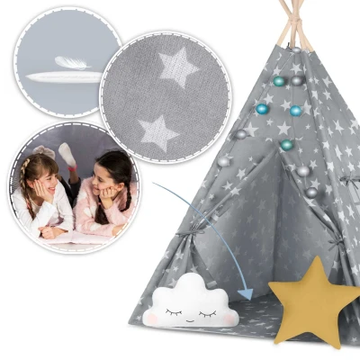 Nukido 740120 Detské teepee so svetielkami - sivé s hviezdičkami
