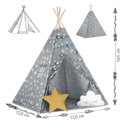 Nukido 740120 Detské teepee so svetielkami - sivé s hviezdičkami