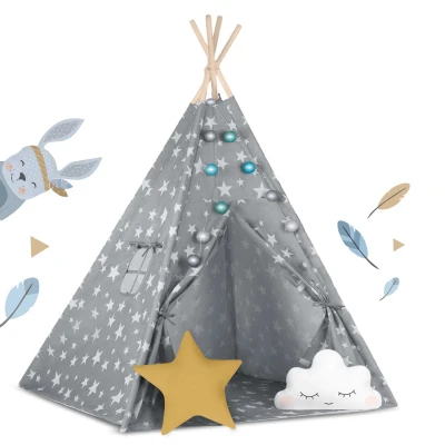 Nukido 740120 Detské teepee so svetielkami - sivé s hviezdičkami