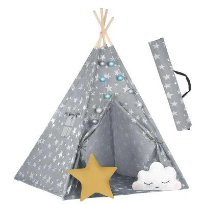 Nukido 740120 Detské teepee so svetielkami - sivé s hviezdičkami