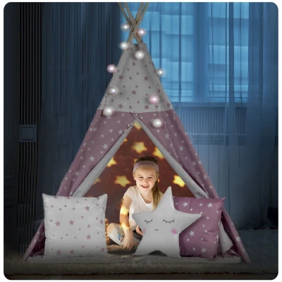 Nukido 740023 Detský teepee s osvetlením - ružový s hviezdami