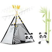 Nukido 740025 Detský teepee s girlandou a svetlami, čiernobiely s pandou