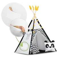 Nukido 740025 Detský teepee s girlandou a svetlami, čiernobiely s pandou