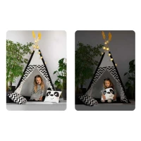 Nukido 740025 Detský teepee s girlandou a svetlami, čiernobiely s pandou