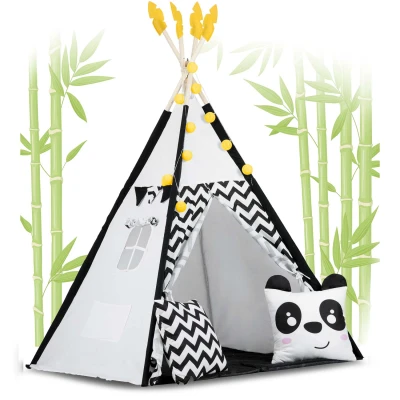Nukido 740025 Detský teepee s girlandou a svetlami, čiernobiely s pandou