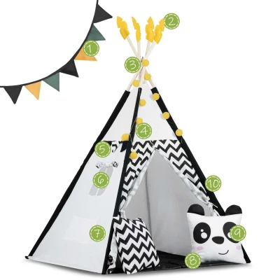 Nukido 740025 Detský teepee s girlandou a svetlami, čiernobiely s pandou