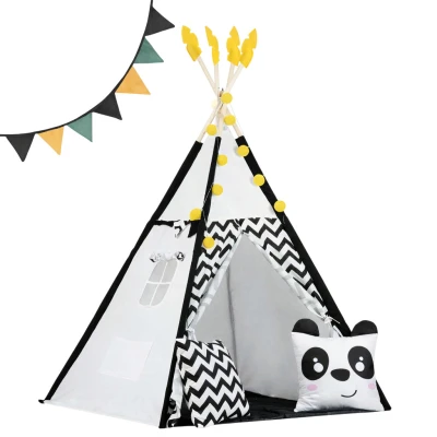 Nukido 740025 Detský teepee s girlandou a svetlami, čiernobiely s pandou