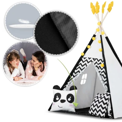 Nukido 740025 Detský teepee s girlandou a svetlami, čiernobiely s pandou
