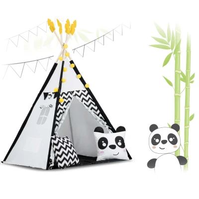 Nukido 740025 Detský teepee s girlandou a svetlami, čiernobiely s pandou