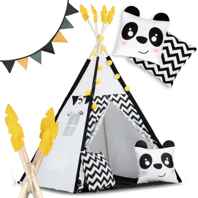 Nukido 740025 Detský teepee s girlandou a svetlami, čiernobiely s pandou