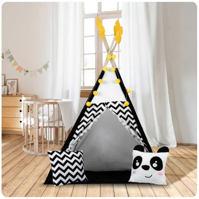 Nukido 740025 Detský teepee s girlandou a svetlami, čiernobiely s pandou