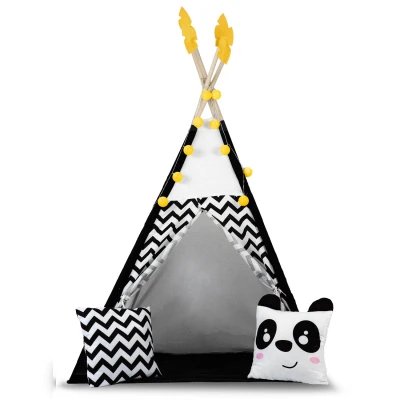 Nukido 740025 Detský teepee s girlandou a svetlami, čiernobiely s pandou