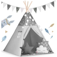 Nukido 740020 Dětské teepee s girlandou a světýlky - šedé s hvězdičkami