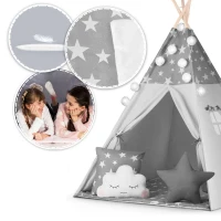 Nukido 740020 Dětské teepee s girlandou a světýlky - šedé s hvězdičkami