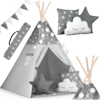 Nukido 740020 Dětské teepee s girlandou a světýlky - šedé s hvězdičkami