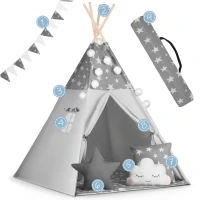 Nukido 740020 Dětské teepee s girlandou a světýlky - šedé s hvězdičkami